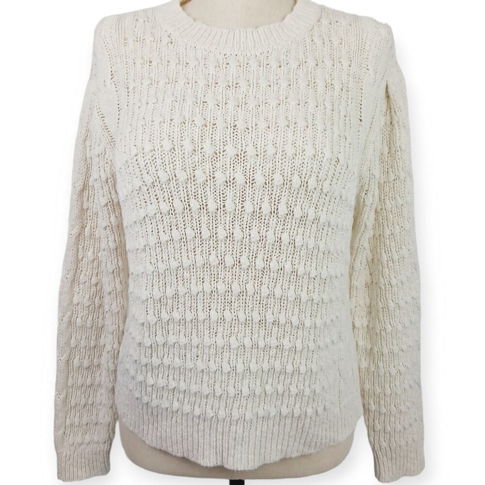 Something Navy SZ XL Cream Cotton Linen Blend Bobble & Cable Knit Chunky Sweater - Picture 2 of 8